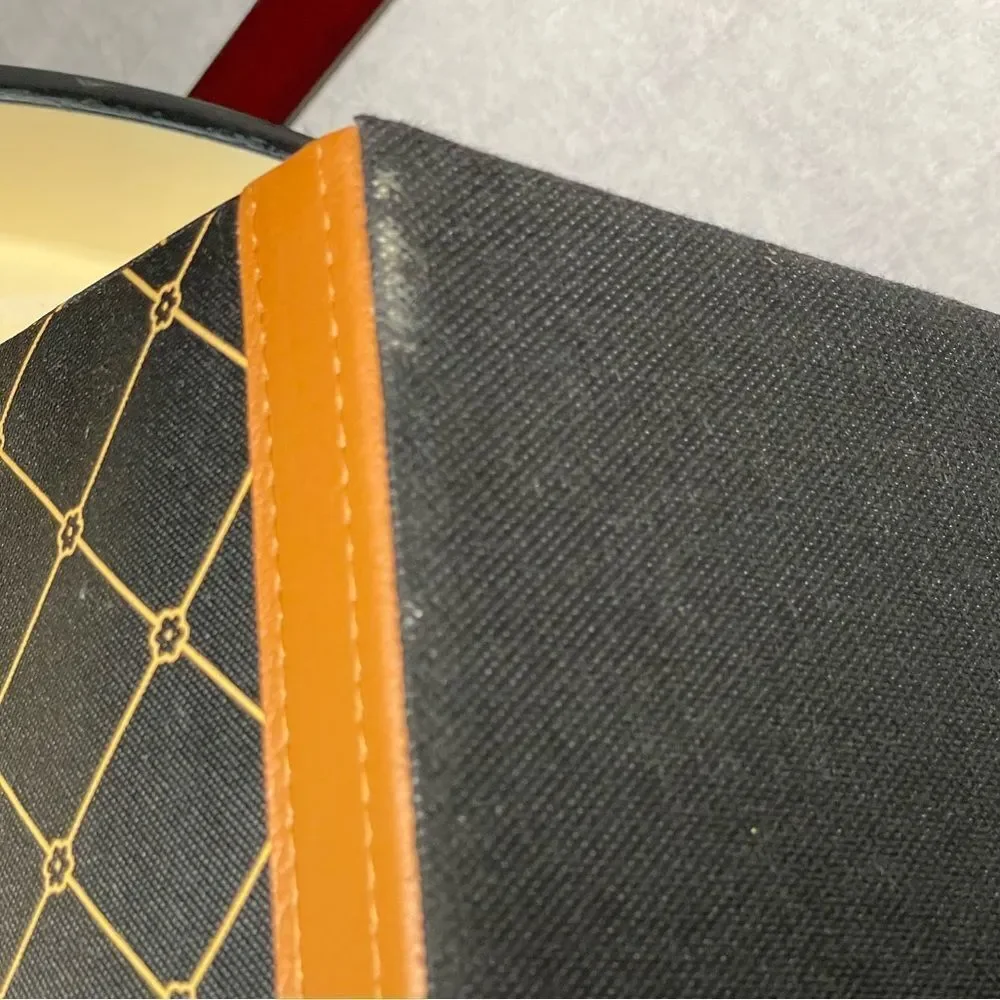 Elegant Black Fabric Storage Bin w/Brown Faux Leather Accents & Monogram Print